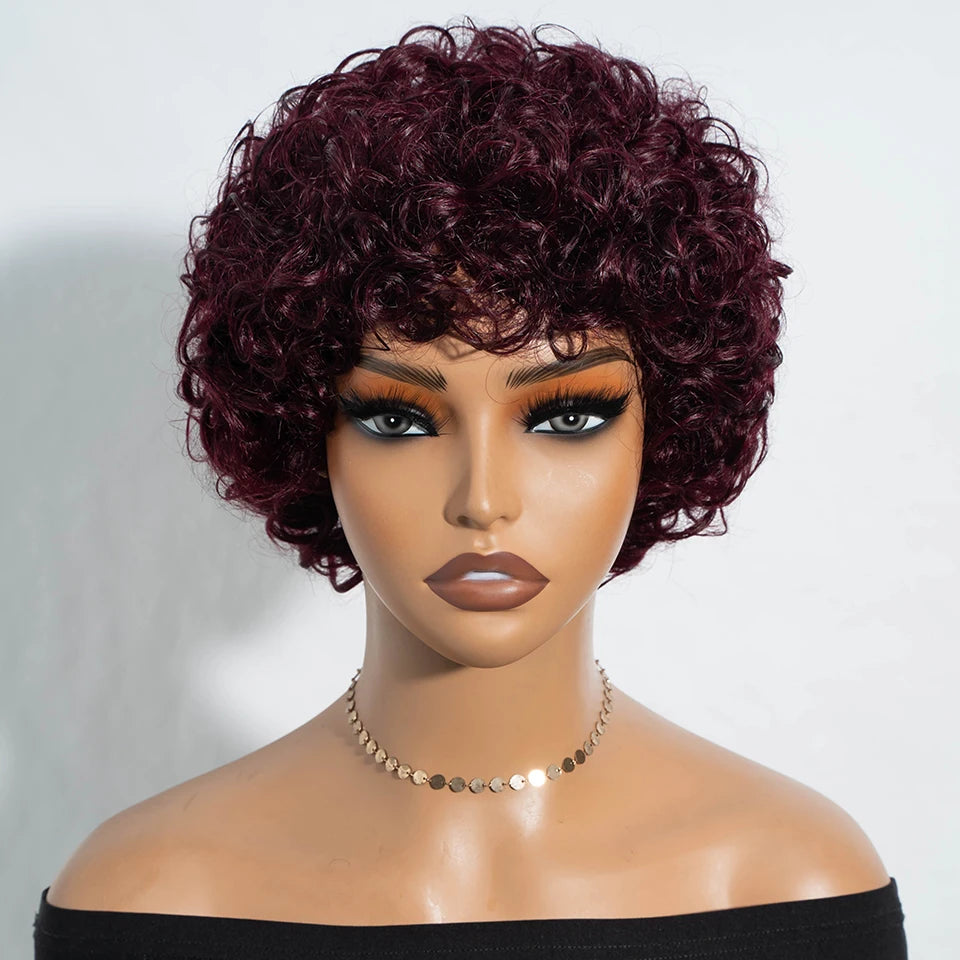 Brazilian Short Pixie Bob Afro Kinky Curly Wig with Bangs | Full Machine Made Human Hair (Natural Brown & 99J) Luxegan