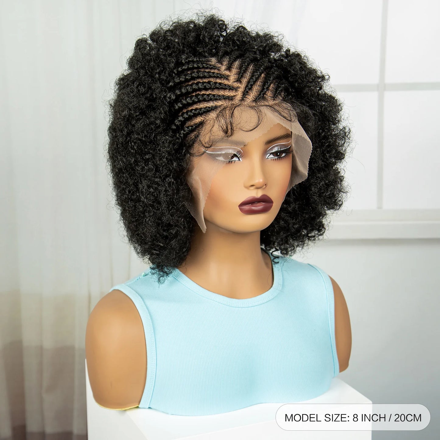 8" Short Afro Kinky Curly Cornrow Braids Wig | Full Lace | Baby Hair Luxegan