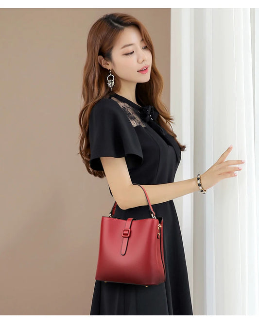 Fashionable Soft PU Leather Bucket Bag | Large Capacity Slant Crossbody Purse | Versatile Wide Shoulder Strap Handbag | Middle-Sized Casual Retro Bucket Tote for Women Luxegan