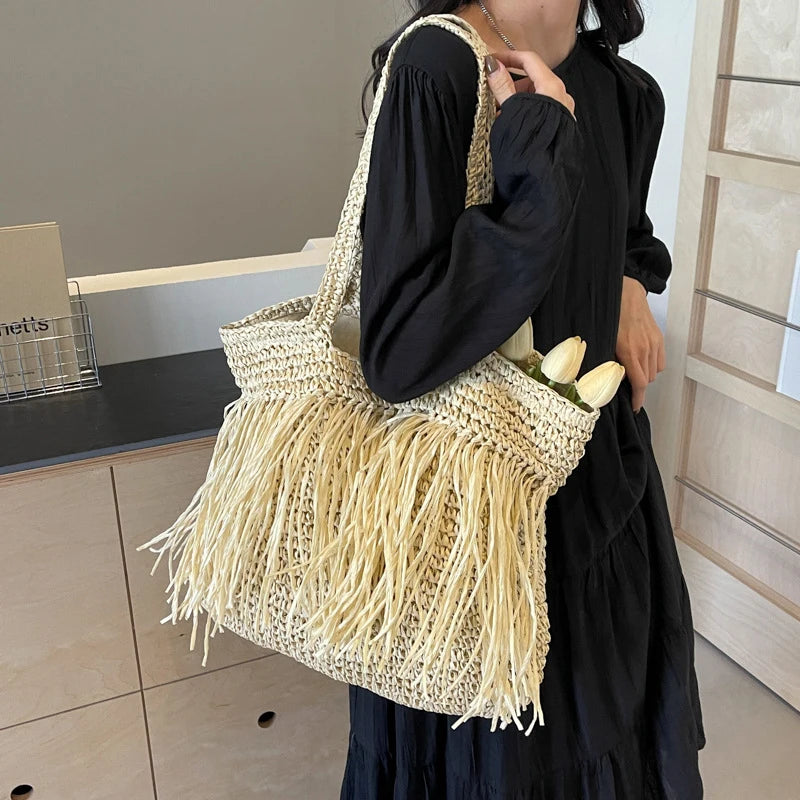 Bohemian Tassel Woven Bag | Handmade Straw Tote & Shopper Luxegan