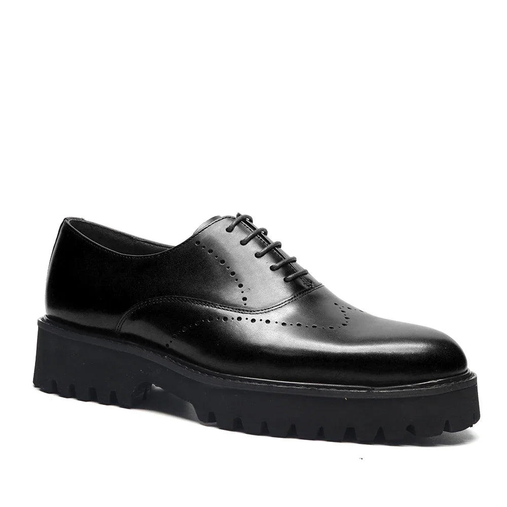 Luxury Men's Genuine Leather Platform Oxfords | Lightweight Black Sole Lace-Up Business & Casual Dress Shoes (Height Increasing) Luxegan