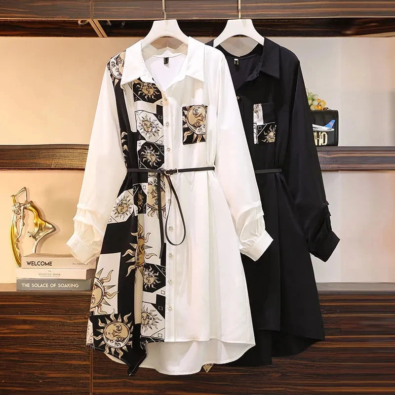 Printed A-Line Polo Neck Dress – Belted, Long Sleeve, Knee-Length Luxegan