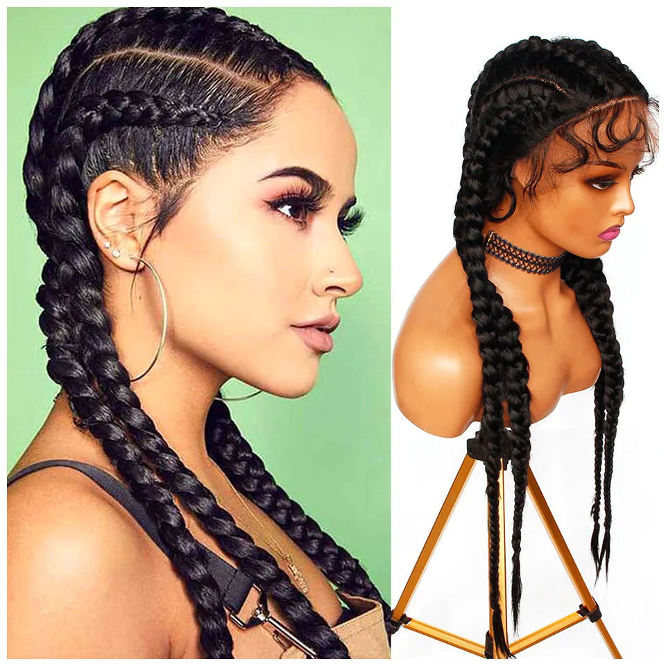 Long Cornrow Braided Lace Front Wig | Glueless Box Braids | Transparent Lace | Black Synthetic Wig