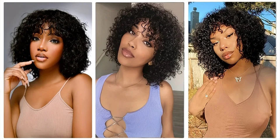 Highlight Honey Blonde Jerry Curly Pixie Bob Wig with Bangs | Full Machine Made Human Hair Luxegan