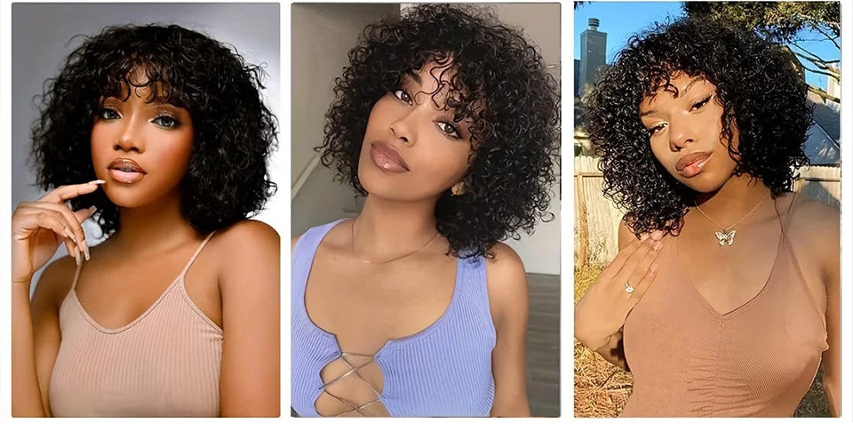 Highlight Honey Blonde Jerry Curly Bob Wig with Bangs | Non-Lace Front Human Hair Luxegan