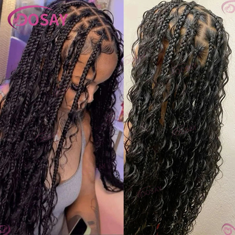 Boho Box Braided Wigs Synthetic Curly Wig Full Lace Front Wigs For Women 32" Goddess Braids Wig African Bohemian Braiding Hair Luxegan