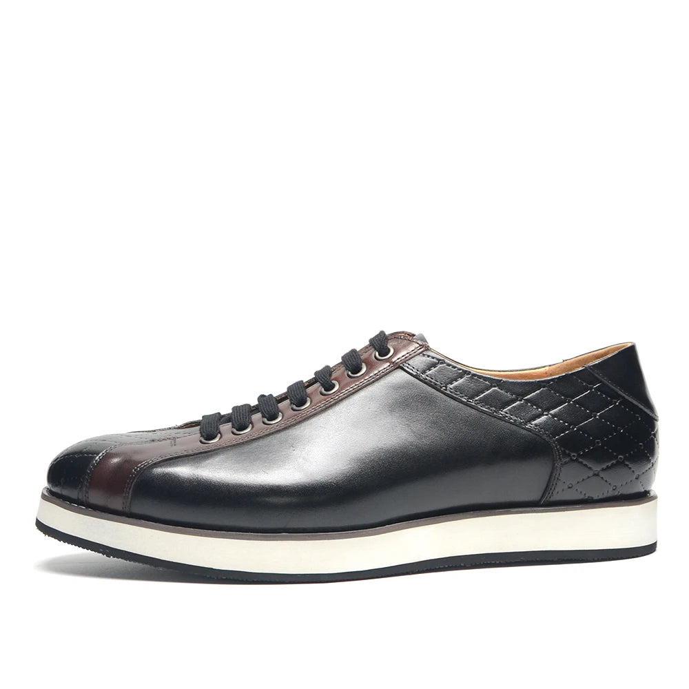 Europe 2024 Fall Luxury Men's Genuine Leather Plaid Casual Shoes | Black & Dark Brown Business Sneakers (Height Increasing) Luxegan