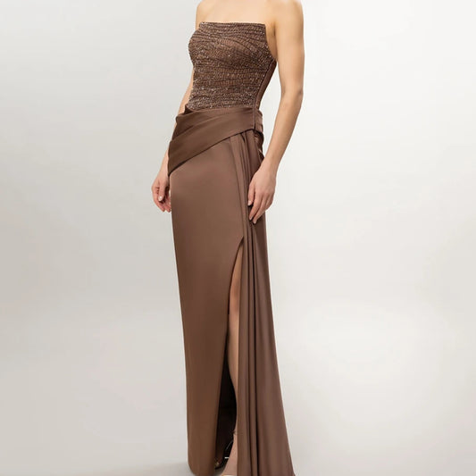 Sequined Side-Split Straight Evening Dress | Strapless Sleeveless Floor-Length Gown - view 2