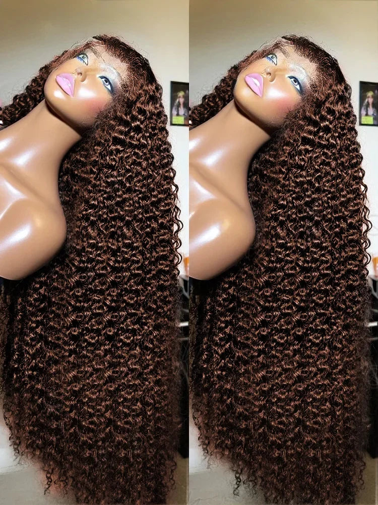 34 & 30-Inch Chocolate Brown Deep Wave Wig | Sophisticated 13x4 HD Transparent Lace | Elegant "#4 Colored" Brazilian Virgin Hair | "Dignified" Pre-Plucked Curly Frontal for Radiant Versatile Styling Luxegan
