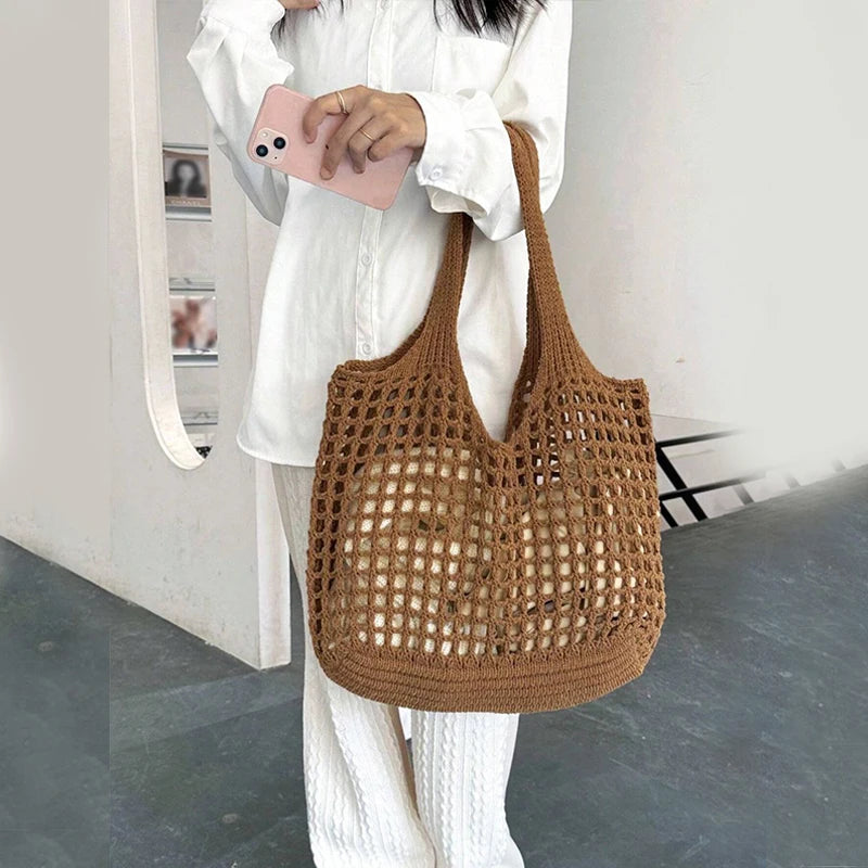 Knitted Hollow Crochet Tote | Soft Large Capacity Underarm Bag Luxegan
