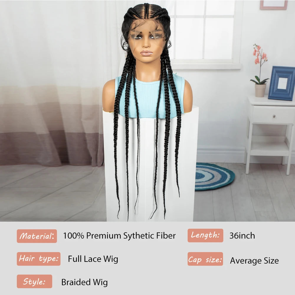 36" Full Lace Cornrow Braided Wig | Knotless Braids | Synthetic Natural Braided Lace Wig with Baby Hair for Black Women Luxegan
