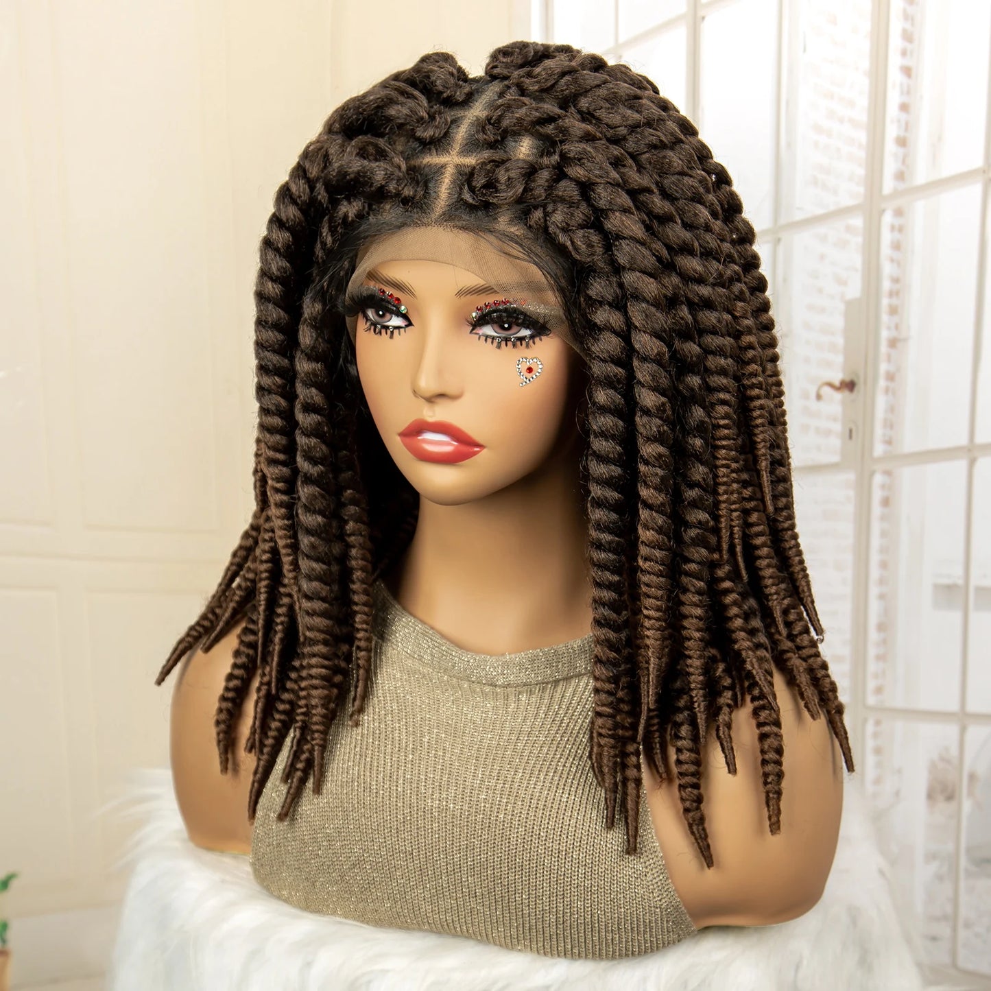 16 Inch Brown Twisted Braided Bob Wig | Full Lace | Kanekalon Fiber | For Black Women - Luxegan