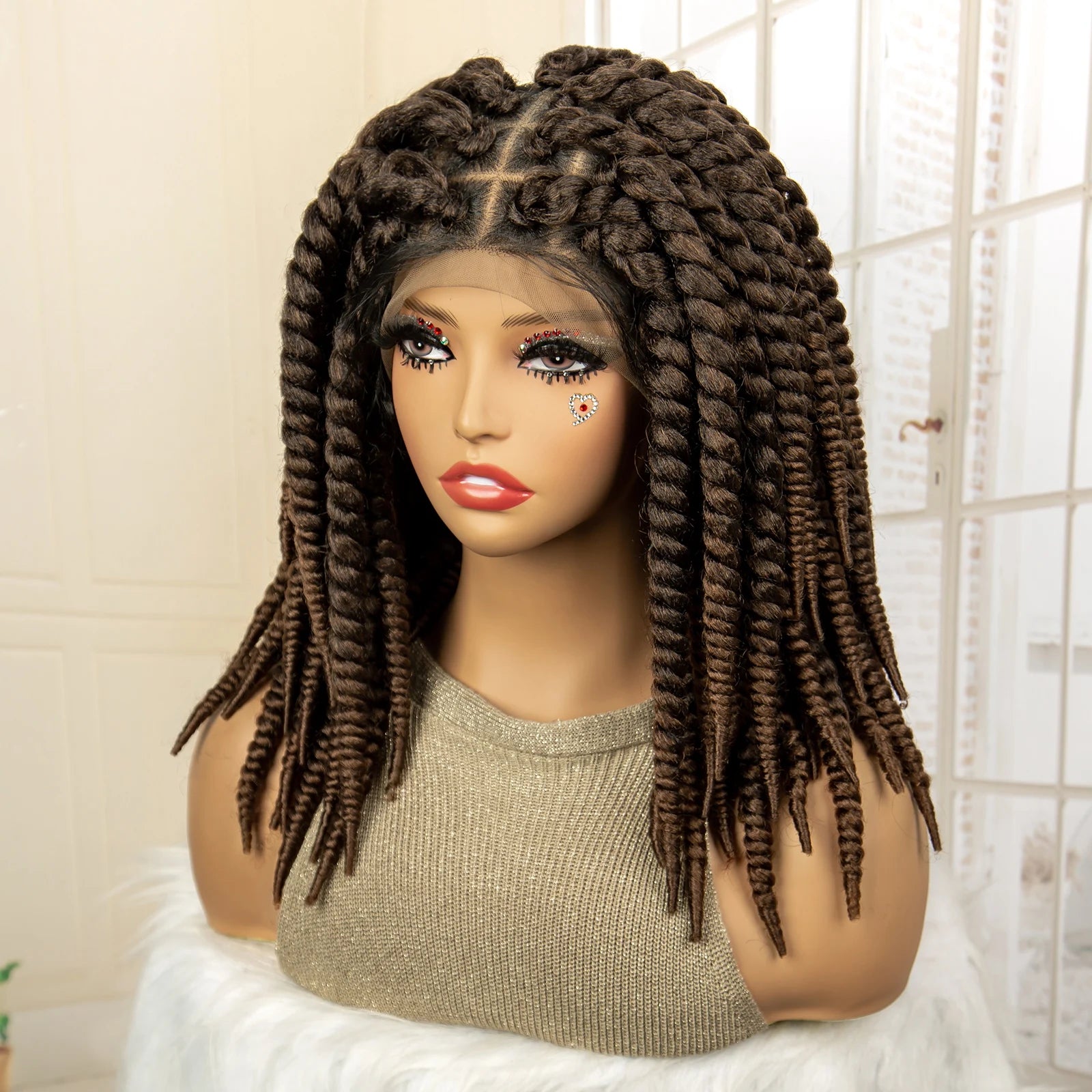 16 Inch Brown Twisted Braided Bob Wig | Full Lace | Kanekalon Fiber | For Black Women - Luxegan