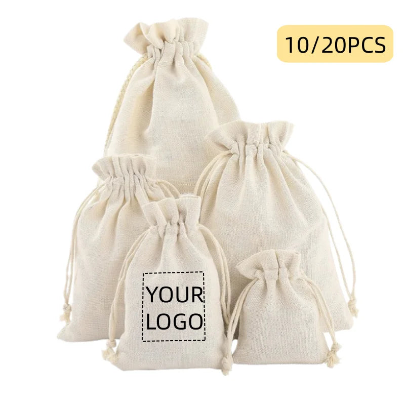 LOGO Custom Cotton Drawstring Bags | 10/20pcs Personalized Anti-Dust Storage Pouches | Eco-Friendly Gift Packaging for Home, Parties, Eid, Easter, and Christmas Luxegan