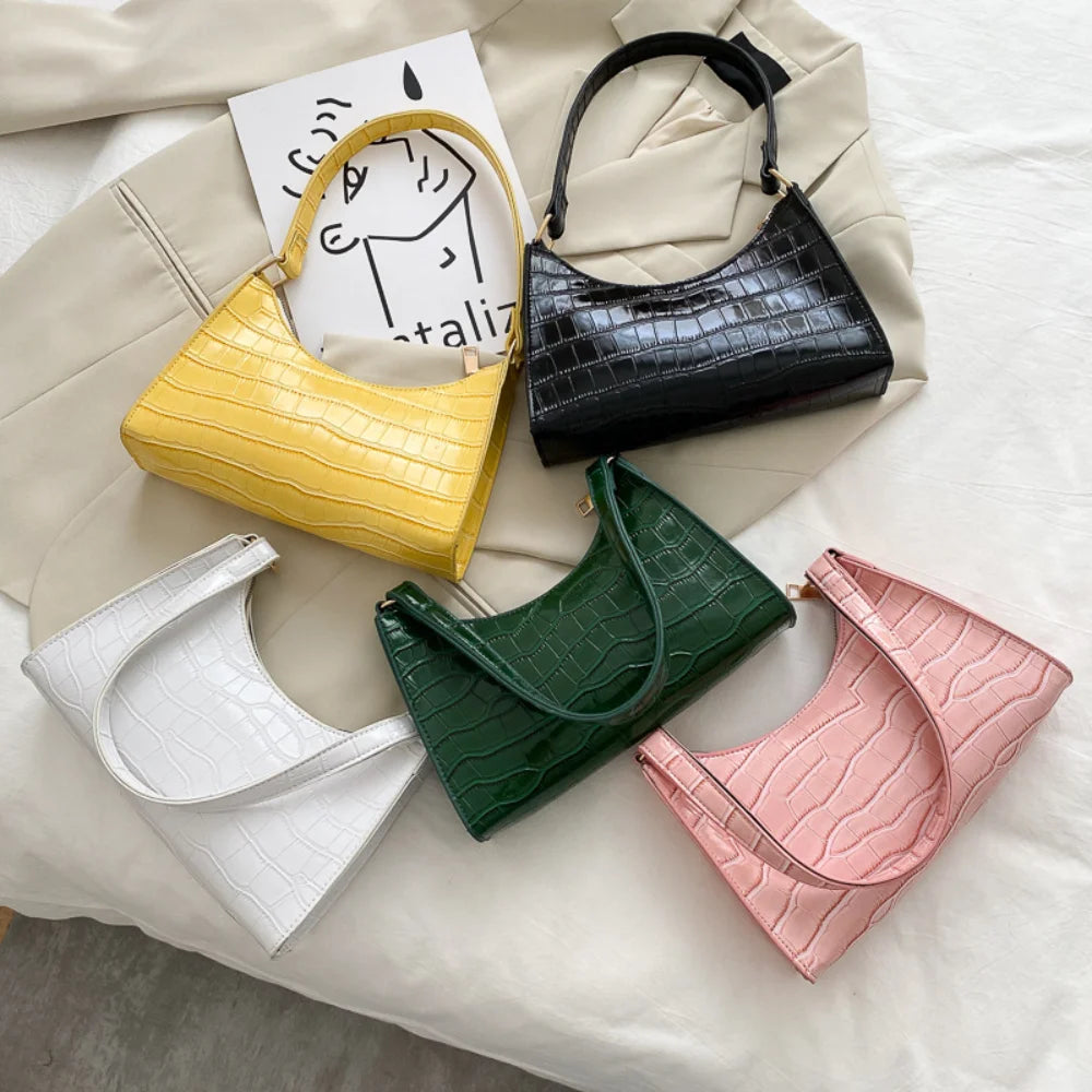 Retro Fashion Women’s Baguette | Sophisticated Crocodile-Pattern Shoulder Bag | Elegant Solid-Color Leather Chain Handbag | "Dignified" Soft TPU Tote for Versatile Daily Styling Luxegan