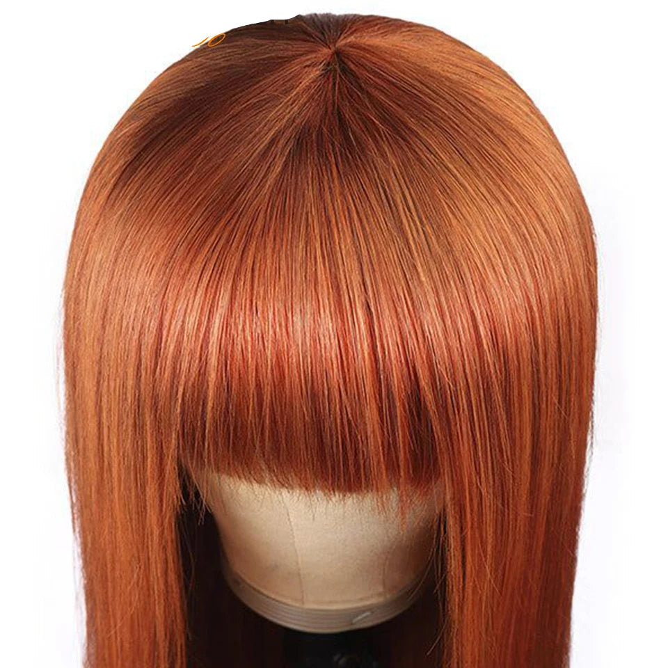 Ginger Orange Straight Human Hair Wig with Bangs | Full Machine Made Peruvian Remy Hair (Wear & Go) Luxegan