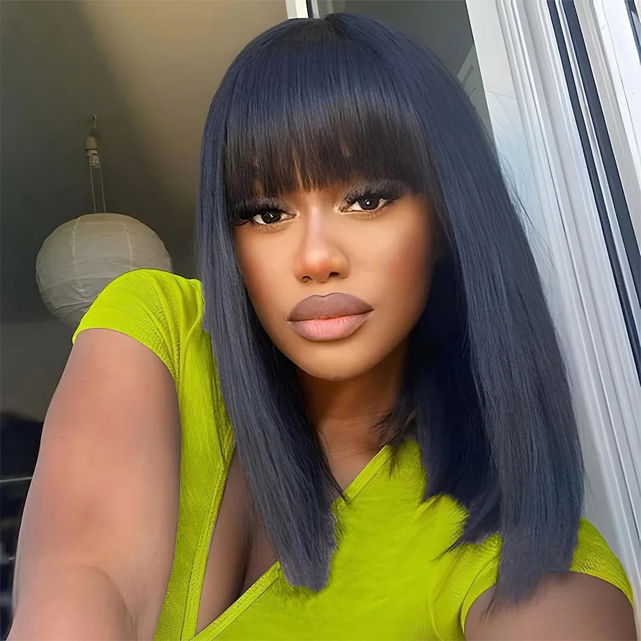 Long Straight Wig with Bangs | 30-32 Inch Brazilian Remy Hair | Middle Part Wig for Black Women