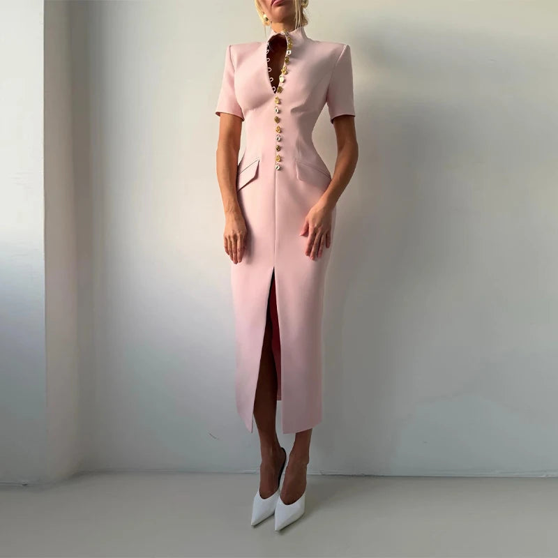 Elegant Solid Buttons Long Dress Women Waist Cinched Shoulder Pads High Collar Slit Dresses 2026 Spring Summer Lady Party Robes