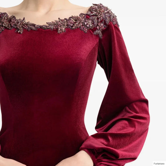 Floral Sequined Mermaid Prom Gown | Scoop Neck Full Sleeve Floor-Length Evening Dress - view 2