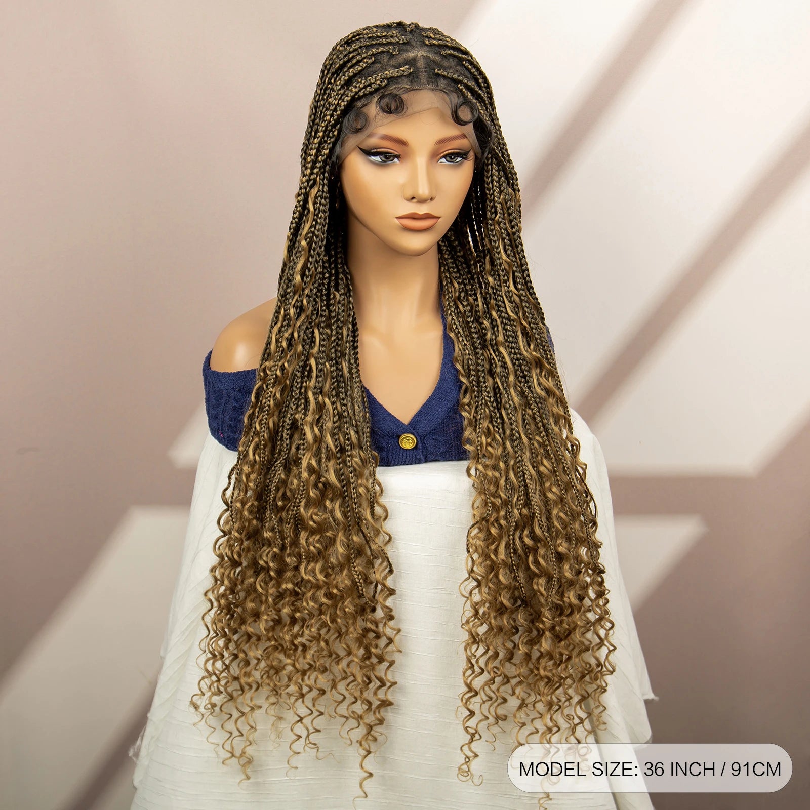 Boho Box Braided Wig with Curly Hair | Goddess Locs Accents | Full Lace Brown Braids Wig | Bohemian Box Braid Wig