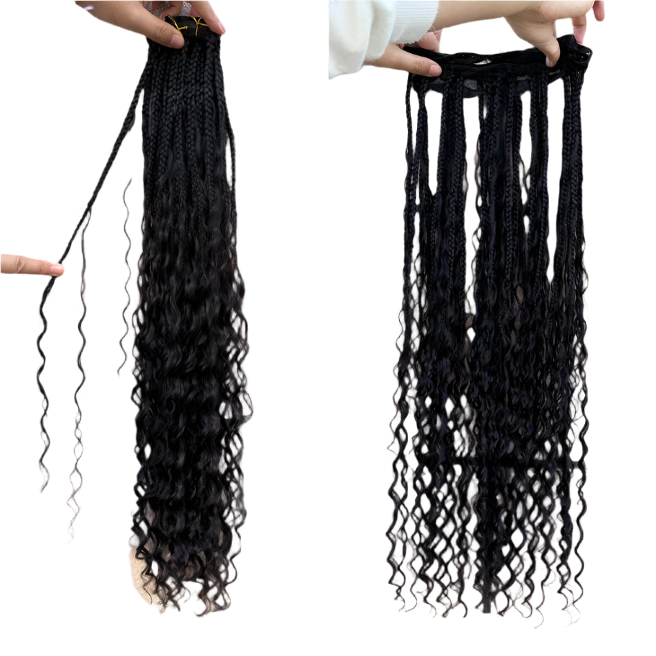 Boho Box Braids Crochet Human Hair Extensions | Curly Weave Bundles | Brazilian Hair | Natural Black | For Braiding & Styling Luxegan