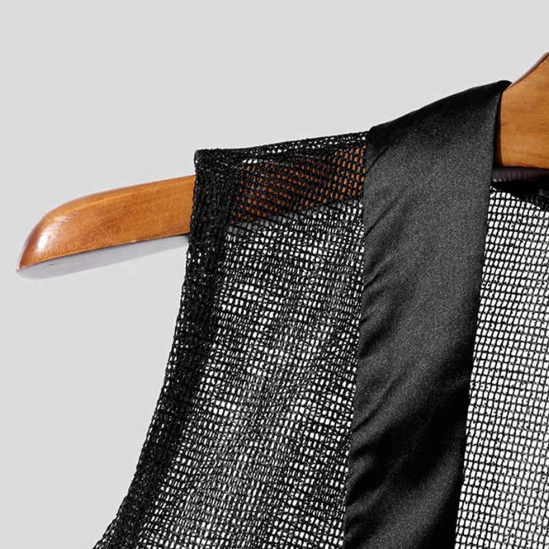 Mesh Hollow Out See-Through Tank Top | Sophisticated V-Neck Sleeveless Silhouette | Elegant "Patchwork" Summer Streetwear | "Dignified" Knitted Black Polyester Top for Radiant Versatile Styling Luxegan