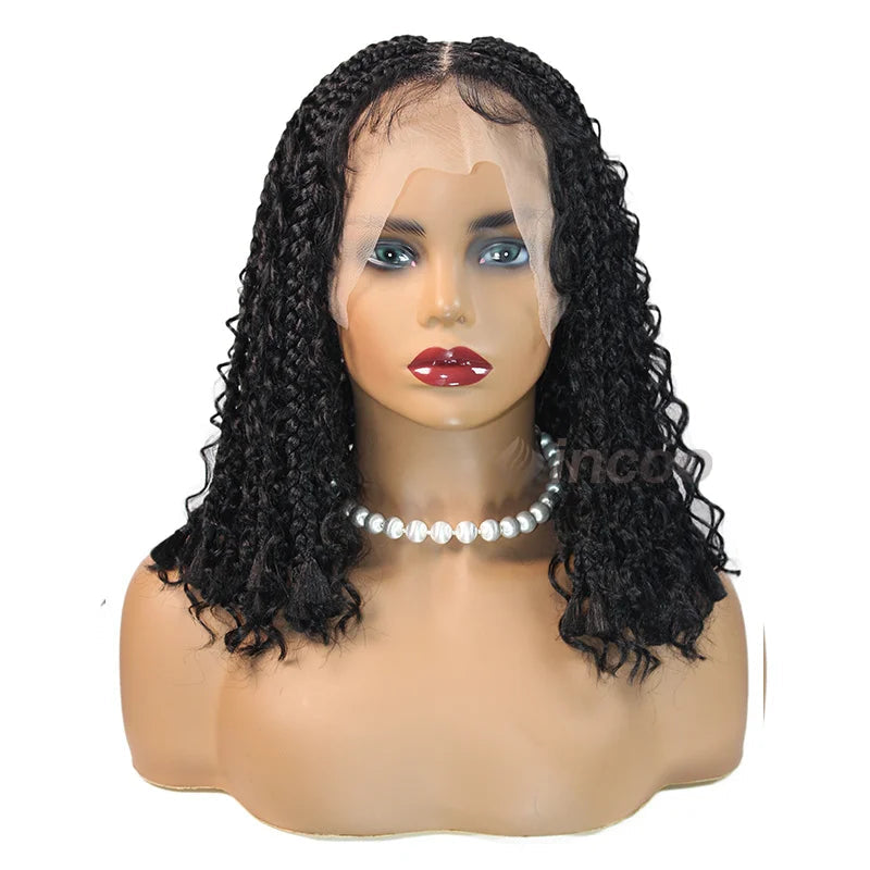 12" Short Bob Boho Braided Wig | 360 Full Lace Front | Goddess Box Braids & Curly Hair | Knotless Cornrow Wig