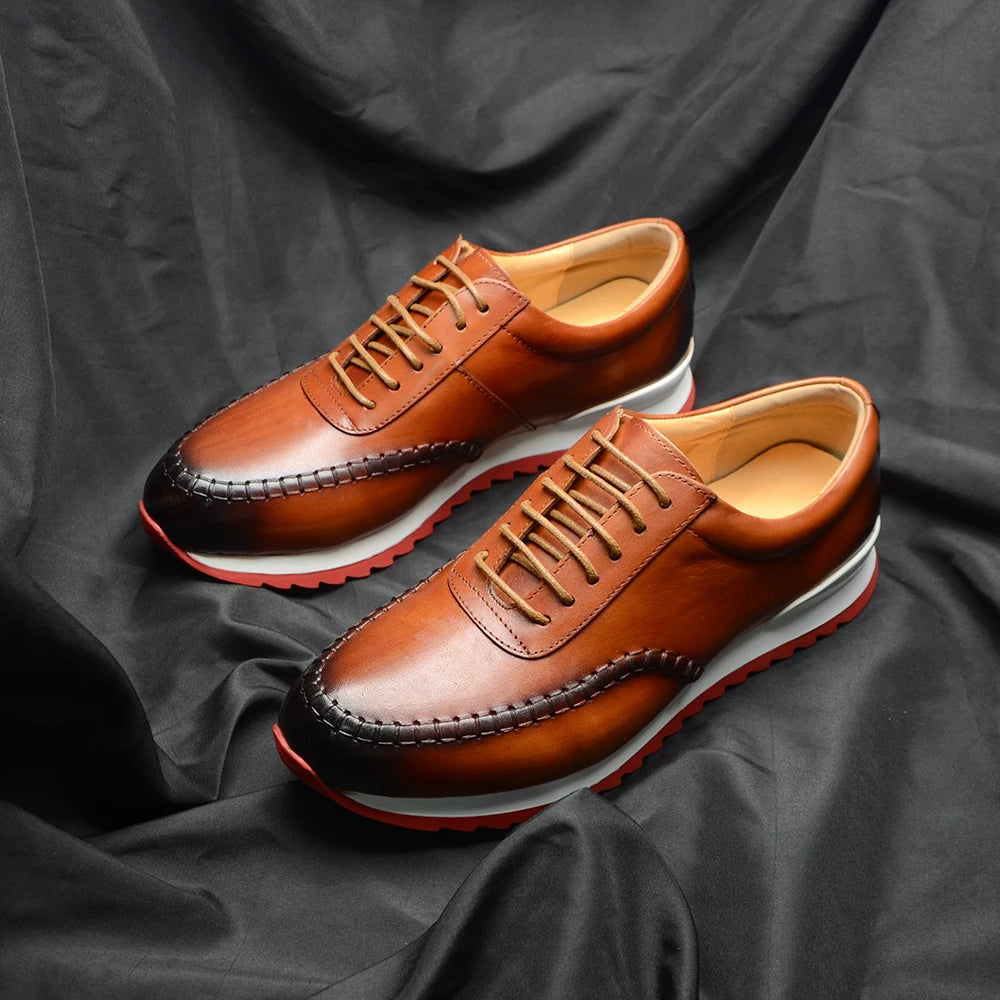 Classy Men's Genuine Leather Low Top Sneakers | Red Bottom Lace-Up Casual Dress Shoes (Breathable) Luxegan
