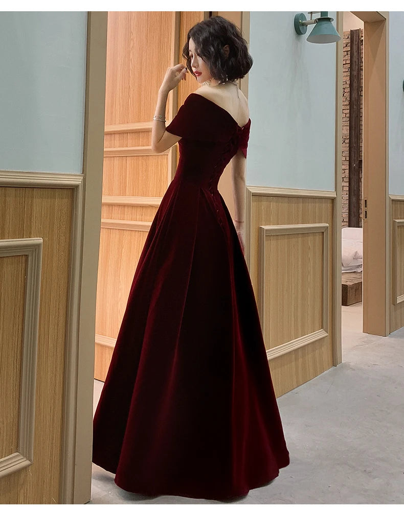 Lautaro Spring Long Luxury Elegant Wine Red Soft Velvet Evening Party Wedding Dresses for Women 2022 Off Shoulder Maxi Dress