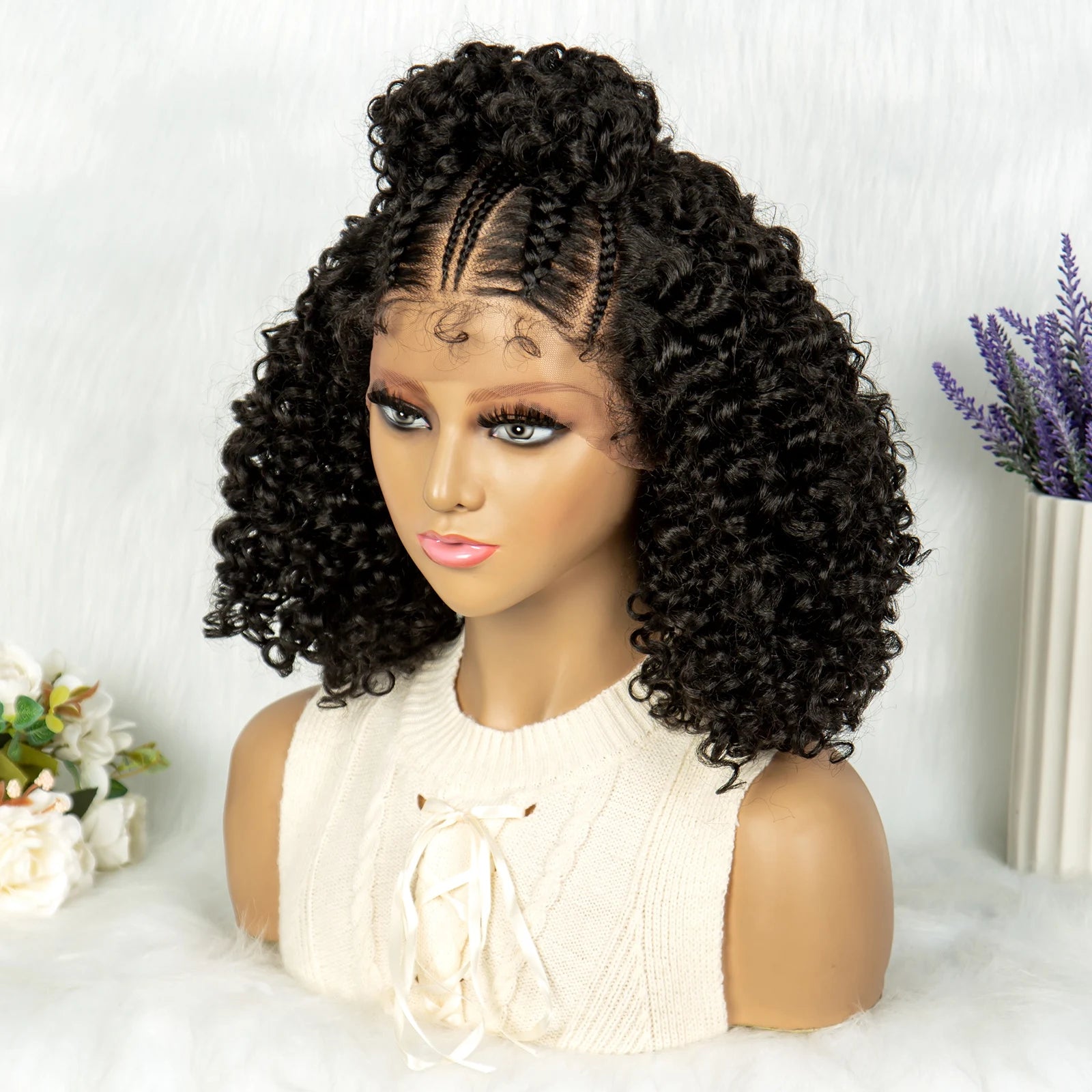 16" Kima Cornrow Twist Curly Bob Wig with Braided Top Knot Bun | 13x4 Lace Front Synthetic Hair Luxegan