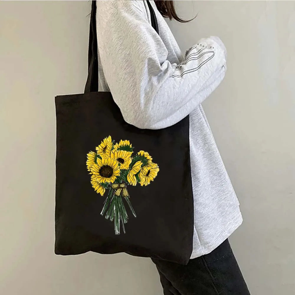 Succulove Floral Cotton Tote Bag | Large Capacity Handbag with Tulips, Hydrangeas, Sunflowers & More (Casual Shoulder Shopper, Eco-Friendly) Luxegan