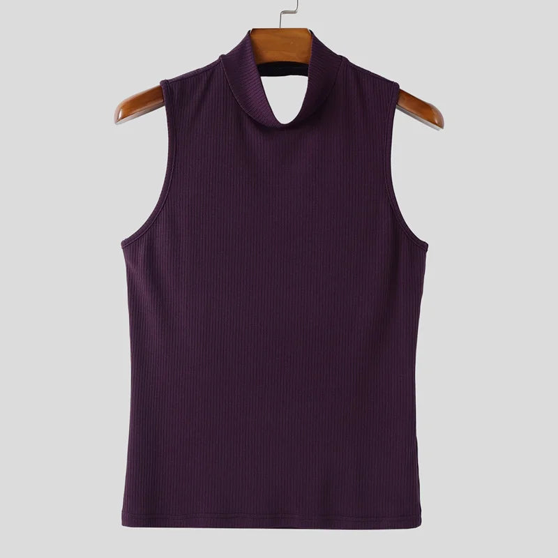 INCERUN Men Tank Tops Knitted Solid Color Turtleneck Sleeveless Male Vests Streetwear Hollow Out Backless Fashion Men Clothing