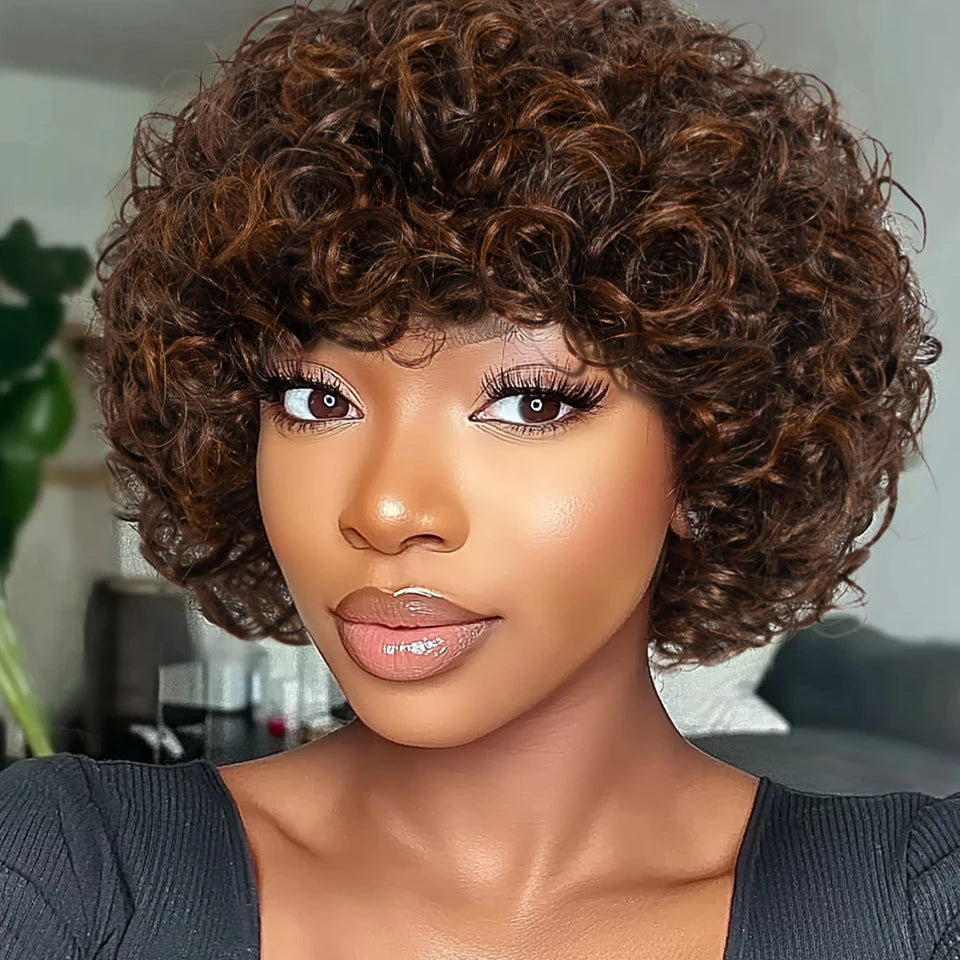 Brazilian Short Pixie Bob Afro Kinky Curly Wig with Bangs | Full Machine Made Human Hair (Natural Brown & 99J) Luxegan