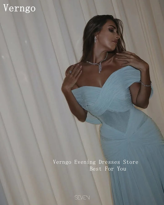 Verngo Vestido de Noche de Gasa Azul con Hombros Descubiertos, Vestido Formal Sirena para Ocasiones Especiales, Vestidos de Fiesta de Arabia Saudita Personalizados