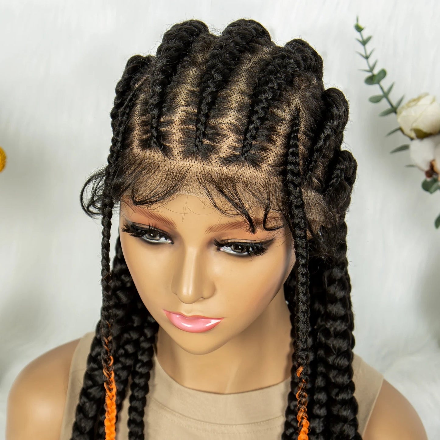 24" Orange Highlight Cornrow Braided Wig | Full Lace Synthetic Wig for Black Women | High-Temp Fiber | Daily Wear Luxegan