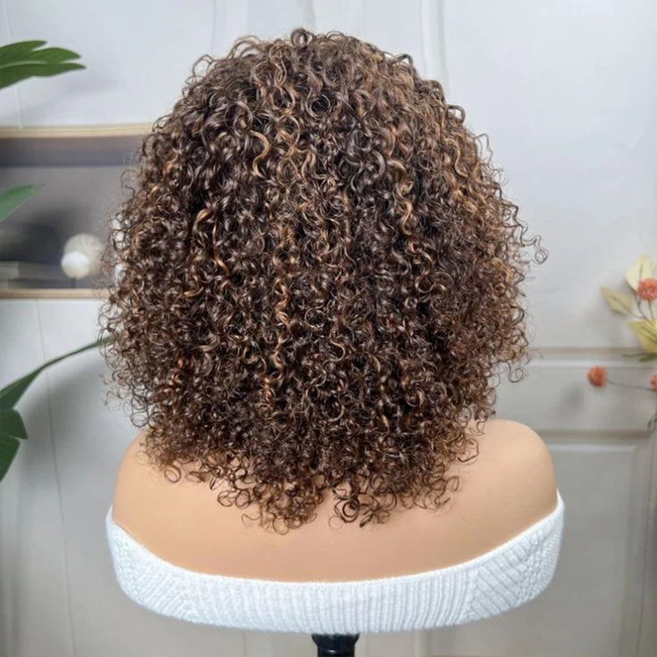 Brazilian Jerry Curly Human Hair Bob Wig with Bangs | Natural Highlight Honey Water Wave Kinky Curly Wigs for Women Luxegan