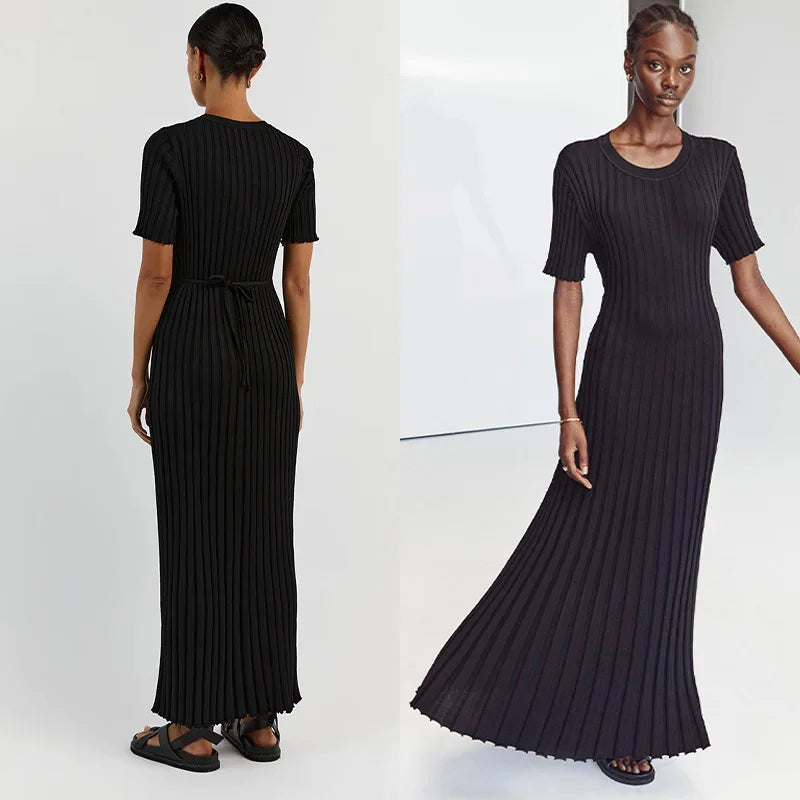 Elegant Knitted Ribbed Long Dress | Sophisticated Slim Wave O-Neck Silhouette | Elegant "Ankle-Length" Hip Package Gown | "Dignified" Single Breasted Hollow Out Design for Radiant Versatile Styling Luxegan