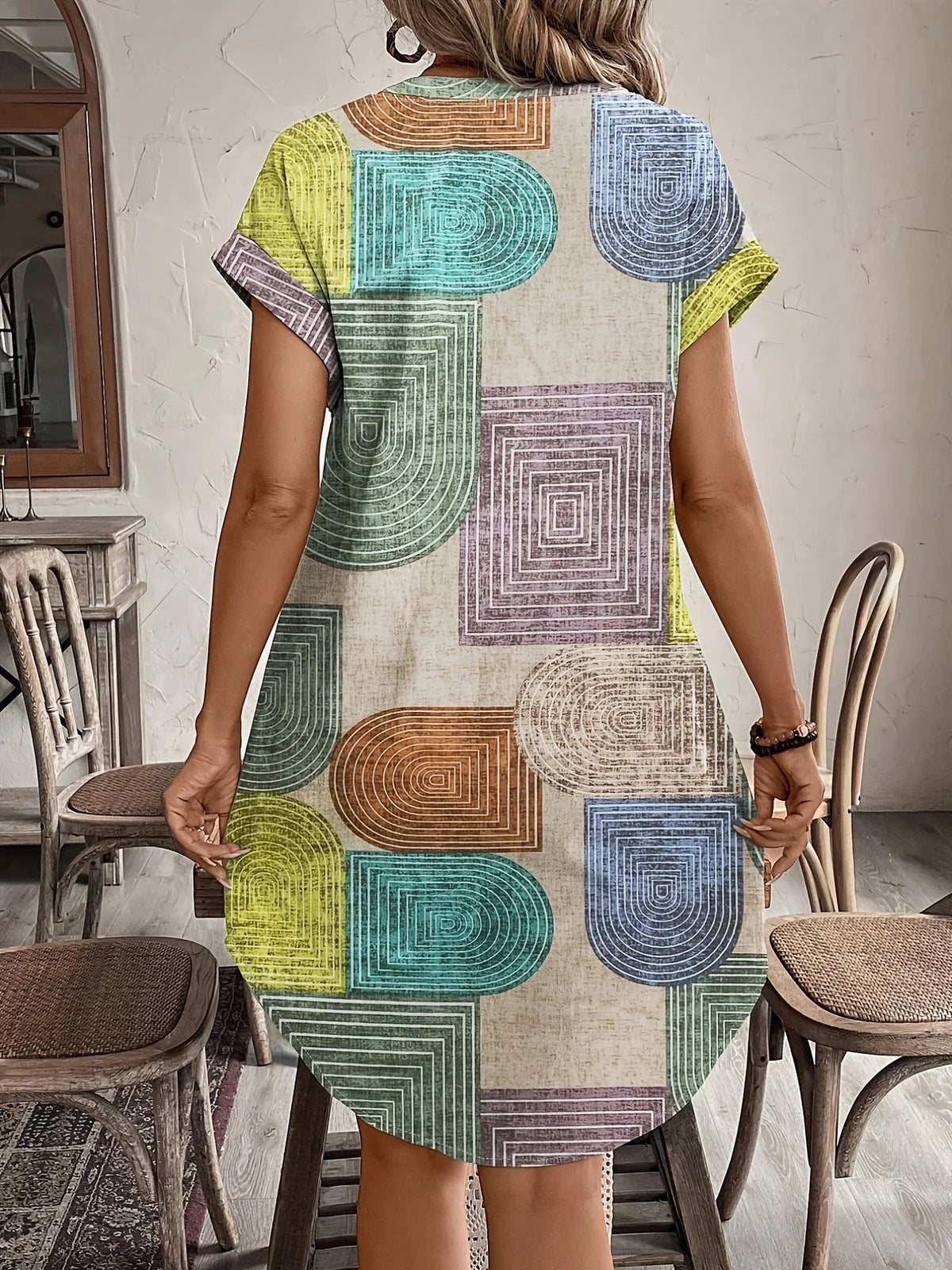Women's Elegant Geometric Print Dress | Summer V-Neck Button-Up Casual Gown | American Retro Loose Fit Knee-Length Sundress | Premium Tatting Comfortable All-Season Vestido Luxegan