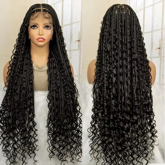 Bohemian Knotless Braids Full Lace Wig | 28"-30" Curly | Natural Black | Kanekalon Fiber | For Black Women