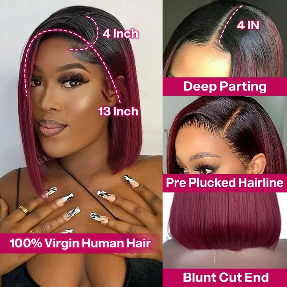Ombre 1B/99J Burgundy & 1B/27 Honey Blonde Straight Bob Wig | HD Transparent Lace Front Human Hair (Glueless) Luxegan