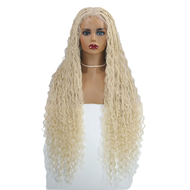 32" Box Braided Wig with Boho Curls - Knotless Braids, Cornrow Style, Lace Front Wig for Black Women (Natural Black)