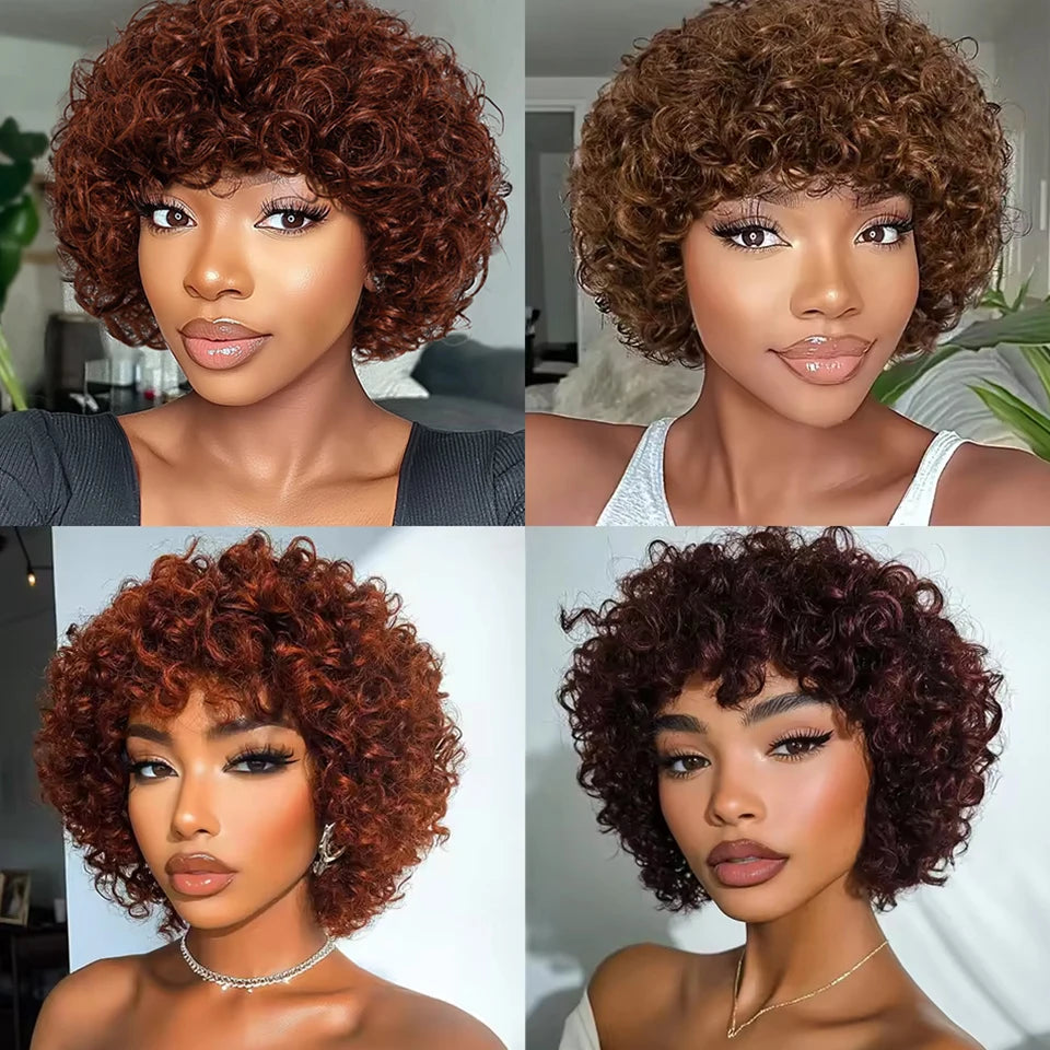 Sleek Malaysian Afro Kinky Curly Pixie Bob Wig | Glueless Natural Brown 99J with Bangs Luxegan