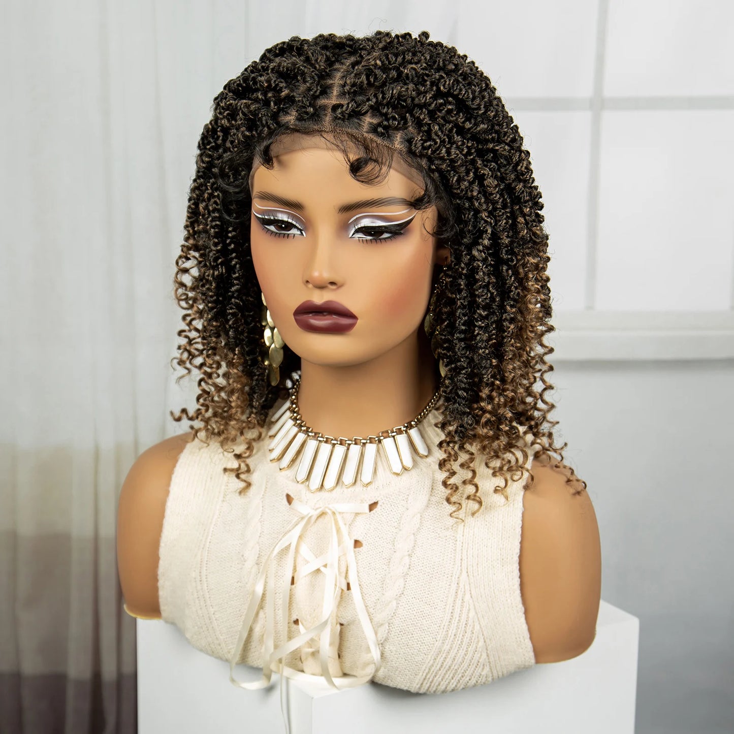 Short Knotless Box Braids Bob Wig with Curly Ends | Handmade Lace Front Luxegan