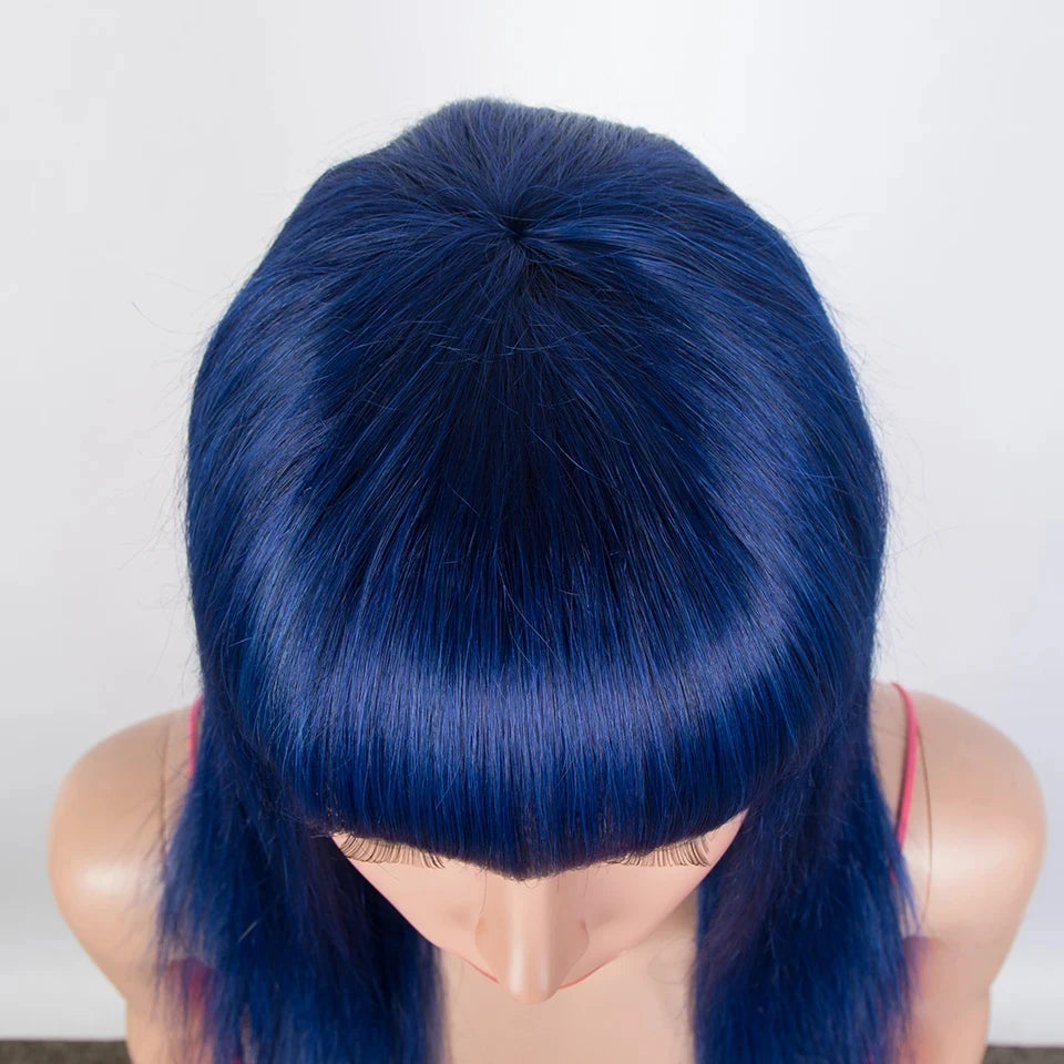 Royal Blue Straight Wig with Bangs | Glueless "Wear to Go" Human Hair Luxegan