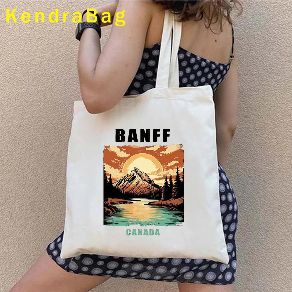 Canadian City Landscape Cotton Canvas Tote Bag | Happy Canada Day Tourist Gift | Reusable Eco-Friendly Shoulder Handbag (Women) Luxegan