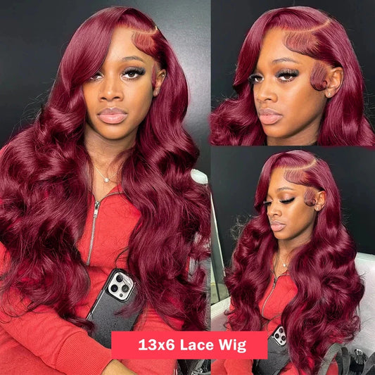 200% Density 99J Burgundy Lace Front Human Hair Wig 13x6 Body Wave Brazilian Remy Deep Part On Sale