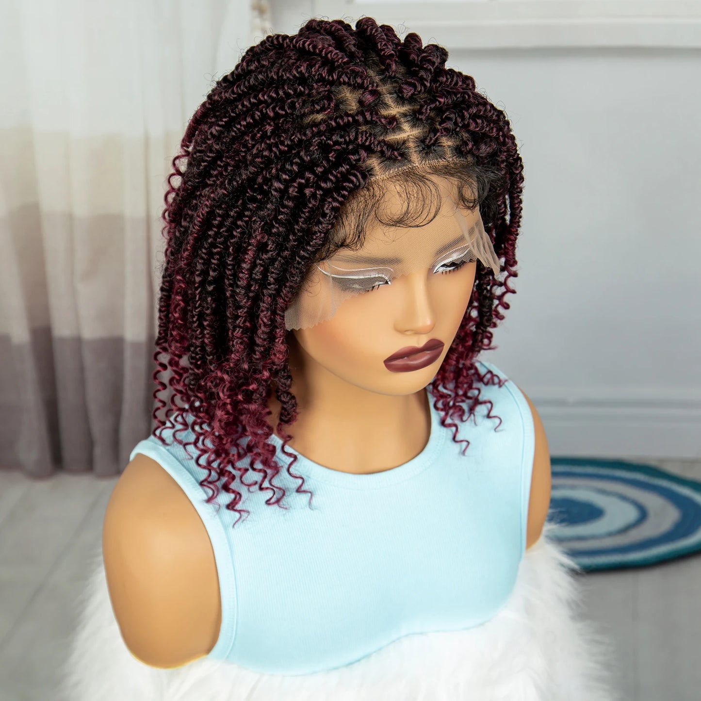Knotless Box Braided Bob Wig with Curly Ends | Short Twist Braids | Synthetic Lace Front Wig | Handmade for Black Women Luxegan