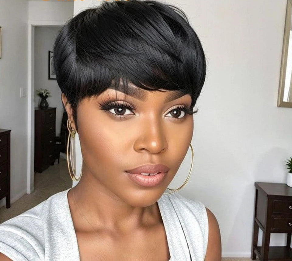 Rebecca Burgundy Red & Blonde Pixie Bob Wig | Short Straight Glueless Human Hair with Bangs Luxegan