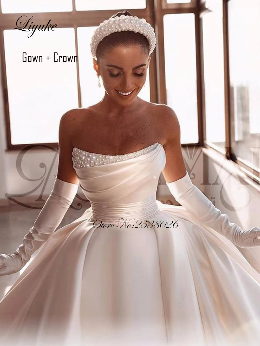 Liyuke Luxury Tiered Satin Ball Gown Wedding Dress Robe De Marriage Sleeveless Beading Pearls Off The Shoulder Bridal Skirts