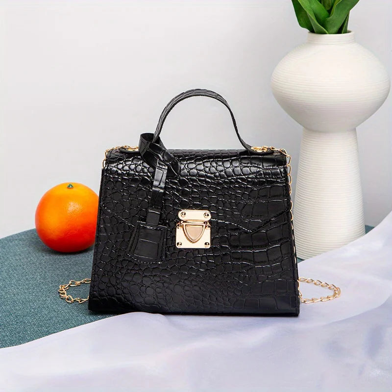 Soft PU Crocodile-Embossed Mini Satchel | Twist Lock Chain Detail Handbag Luxegan